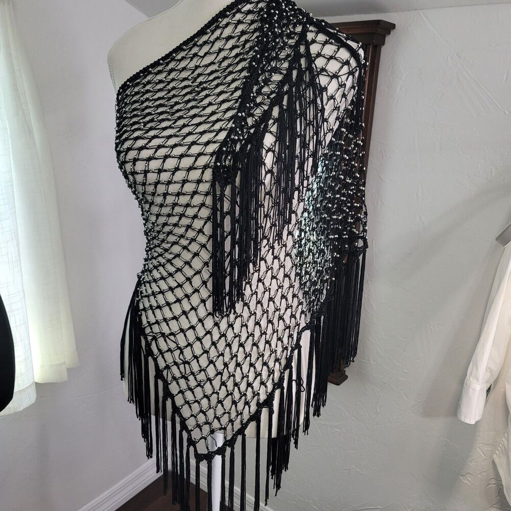 Black Silver Beaded Mesh Shawl Fringe Wrap Festival Evening Scarf Whimsigoth Vtg